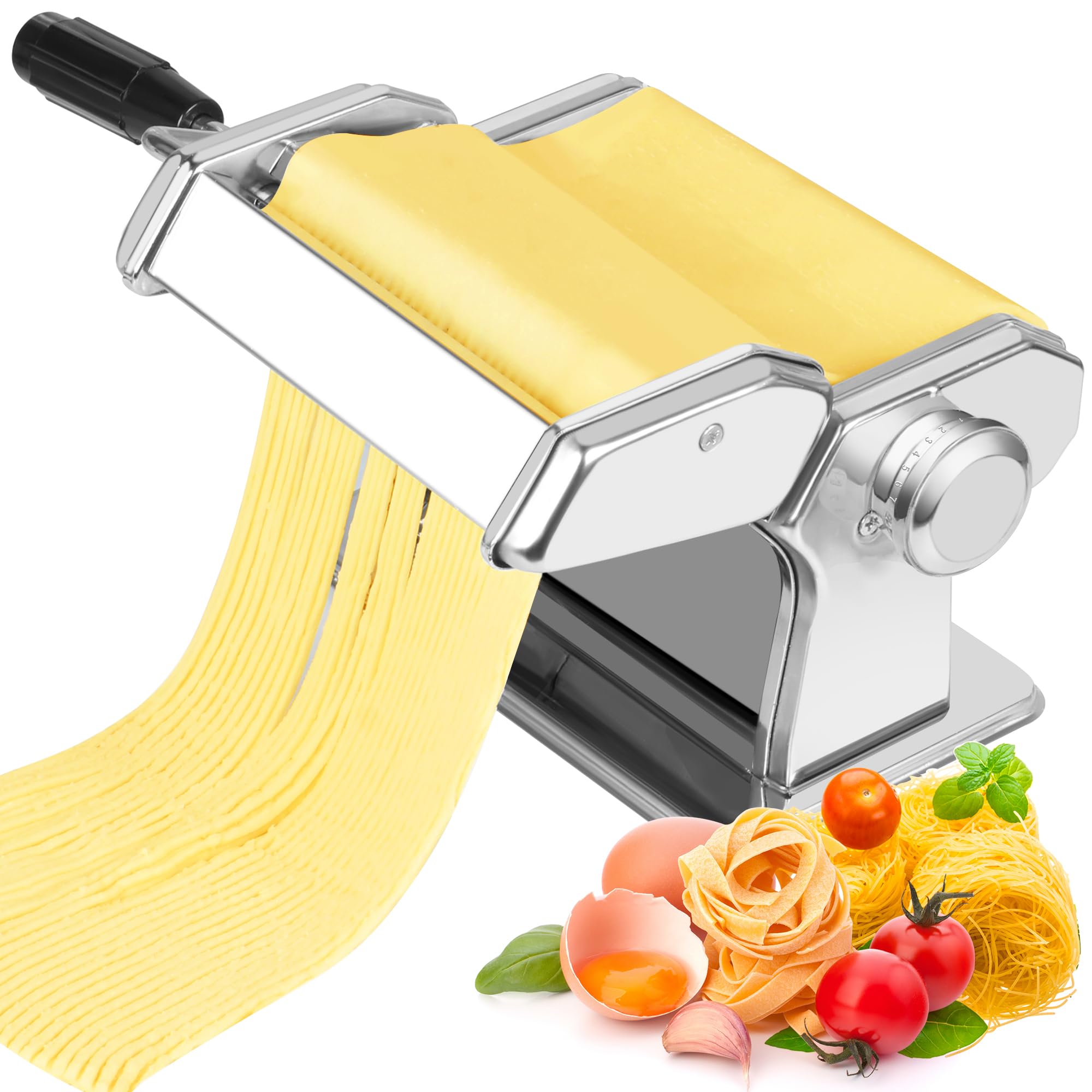 Pasta Maker, Aluminum Alloy Pasta Machine with 9 Adjustable Thickness Settings and 2 Cutters, Noodle Maker Roller for Fresh Pasta, Spaghetti, Lasagne & Fettuccine, Silver