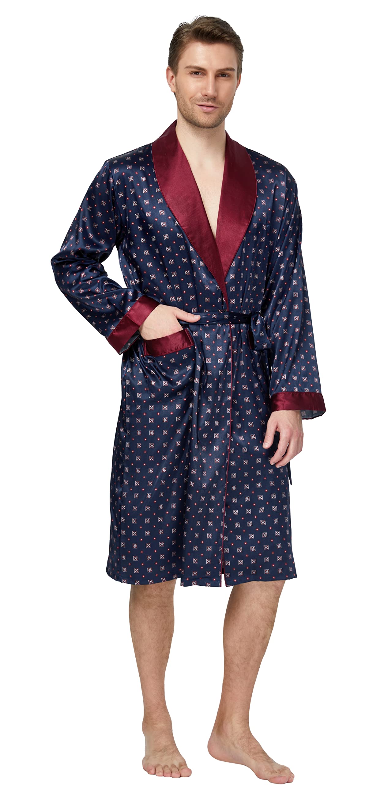 Mens Satin Robe Long Sleeve Silk Kimono Bathrobe with Shorts Set Sleepwear