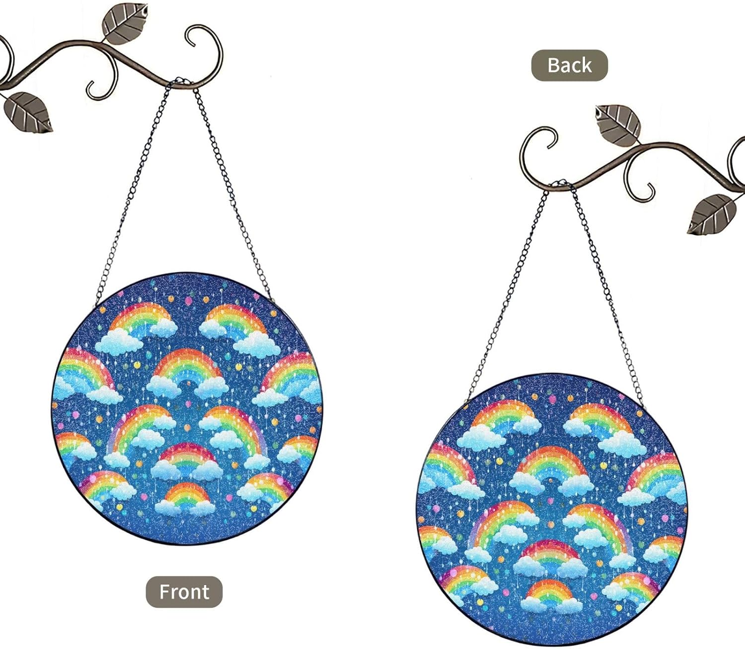 Rainbow Clouds Raindrop Stained Glass Suncatcher for Window Hanging Sun Catcher Ornament for Women Men Suncatcher for Home Decor, 4in（10cm） Round Glass Ornament for Mother's Day Birthday Gift