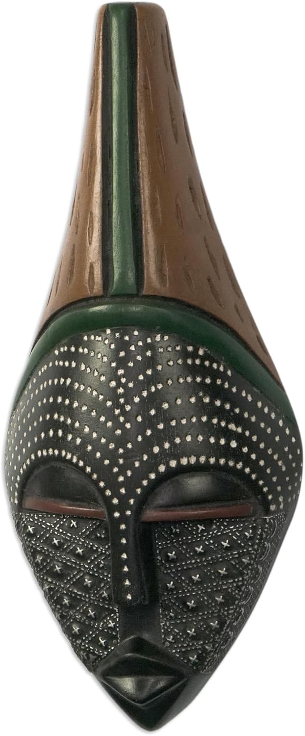 NOVICA Black Brown Green Red Decorative Mask From Ghana 'Elinam'