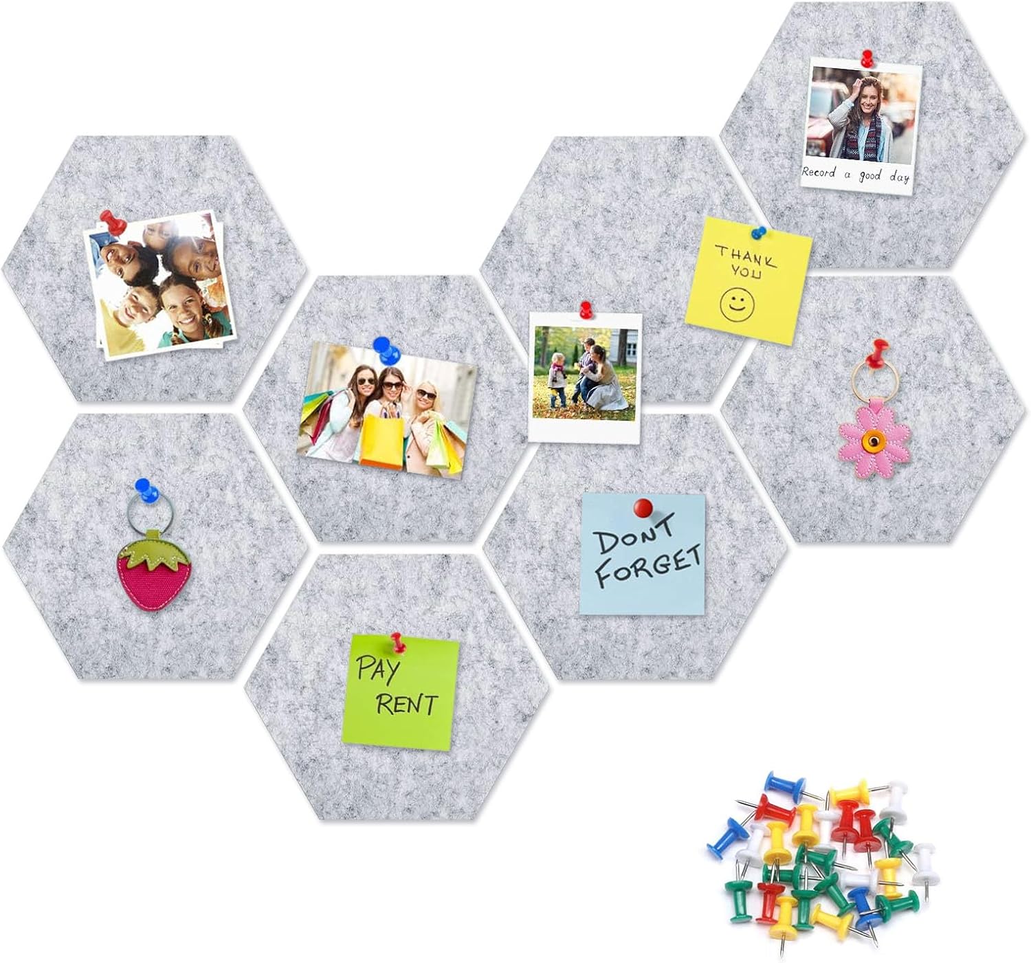8 Packs Light Grey Hexagon Felt Pin Board, 12" Bulletin Board with 30 Push Pins, Felt Board for Home Kitchen Office Decor, Self-Adhesive Corkboard Tiles for Walls Message Photos Memos Display