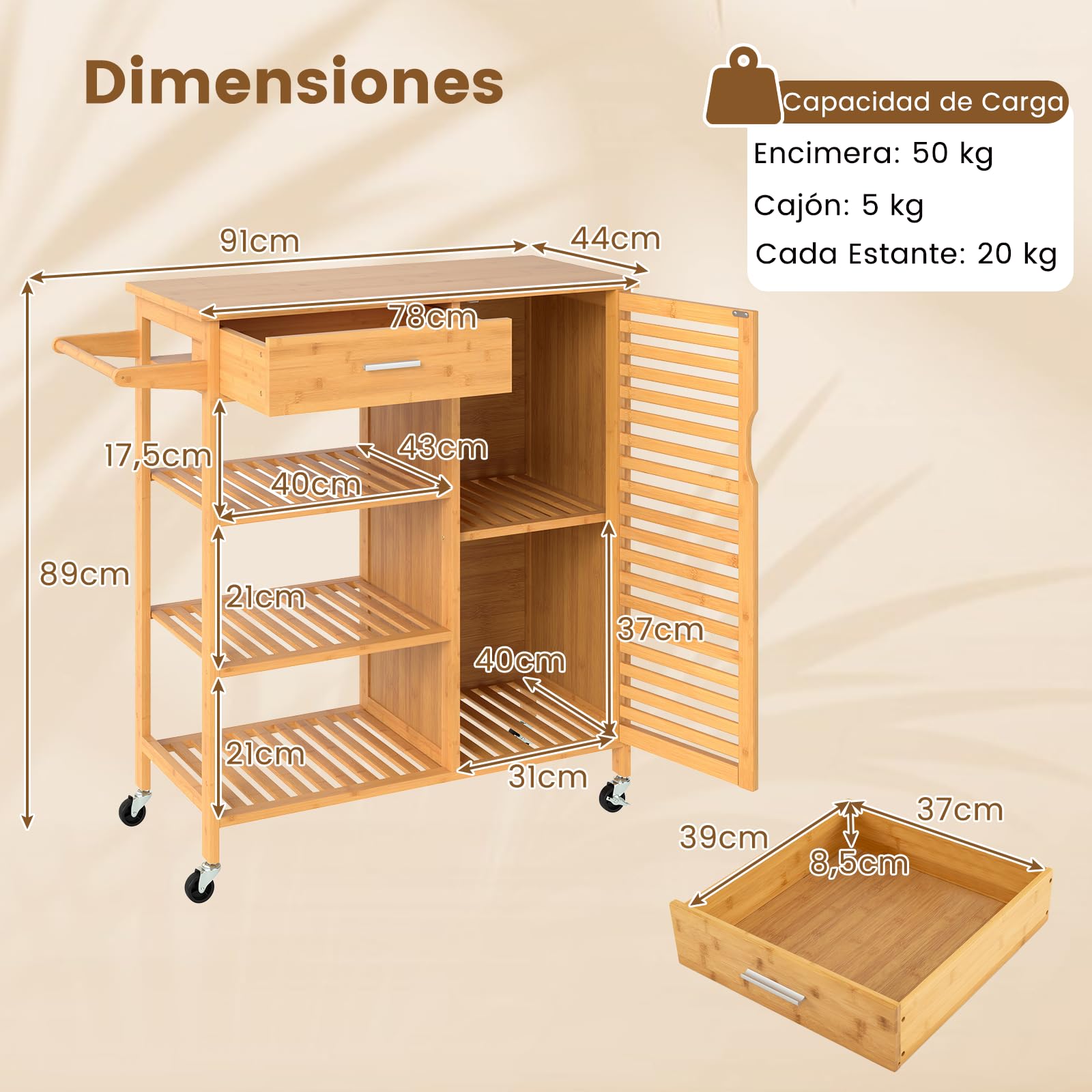 COSTWAY Carro de Cocina de Bambú, Carro de Servicio con Cajón y Puerta, Carro Rodante con 3 Estantes Abiertos y 4 Ruedas Universales, Mesa Móvil para Cocina y Comedor, 91 x 44 x 89 cm
