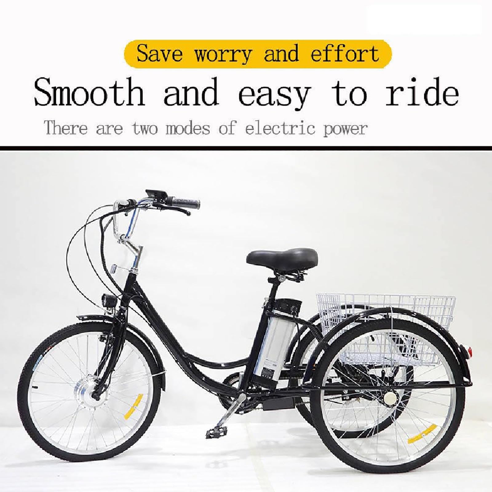 Triciclo elettrico per adulti da 24”, 3 ruote, batteria rimovibile da 36 V/12 Ah, carico massimo 150 kg, 3 modalità di guida, cestino portaoggetti, nero.