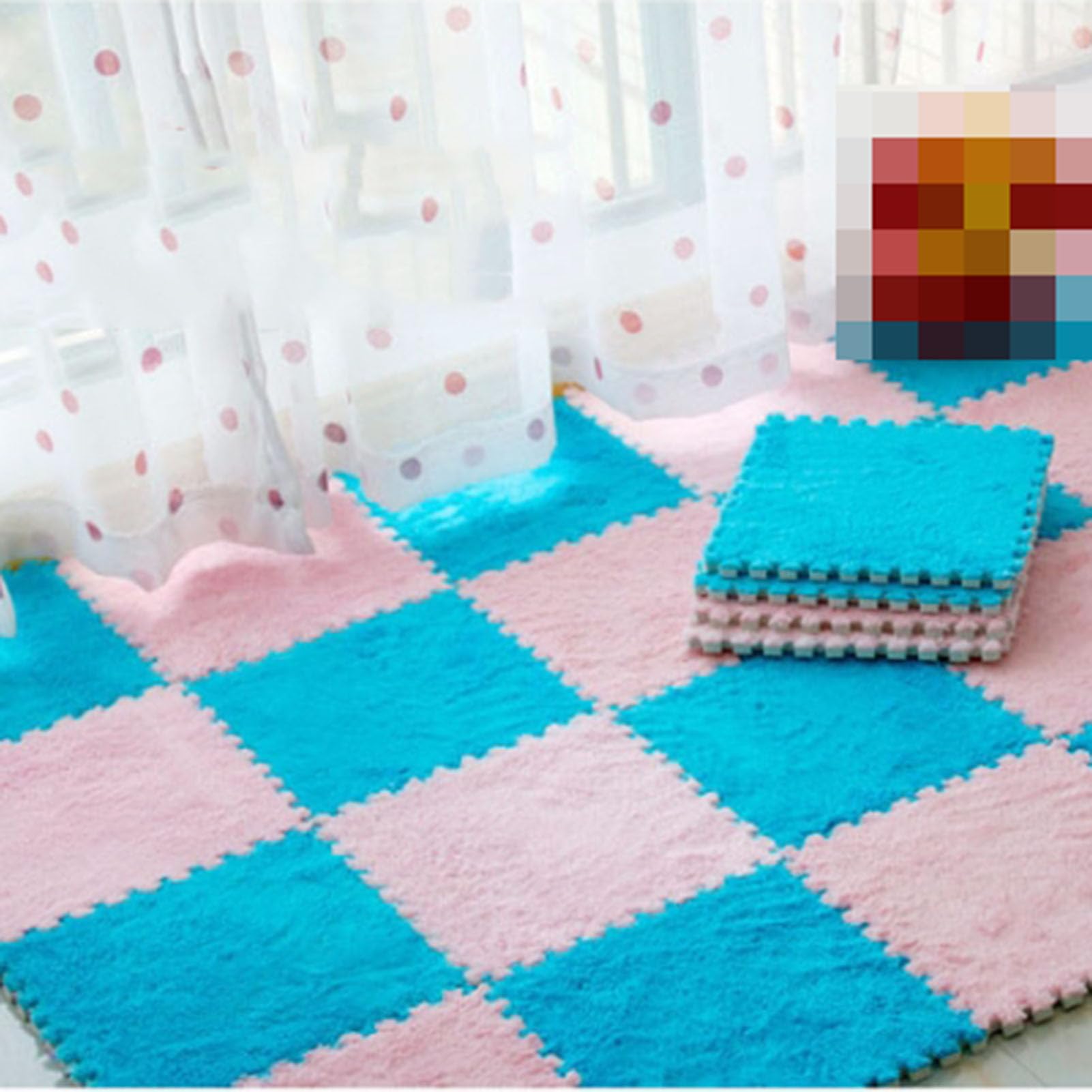 Pluszowe płytki podłogowe mata pluszowa piankowa kwadratowe płytki dywanowe, antypoślizgowe maty podłogowe, puzzle maty podłogowe do salonu, sypialni i twardych podłóg, różowe, ciemnoniebieskie