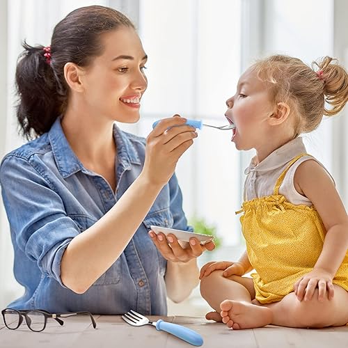 Miniatura 6 de Honeydak Juego de 24 cubiertos para niños pequeños, cucharas y tenedores con mango redondo, de acero inoxidable, cucharas y tenedores para comedor