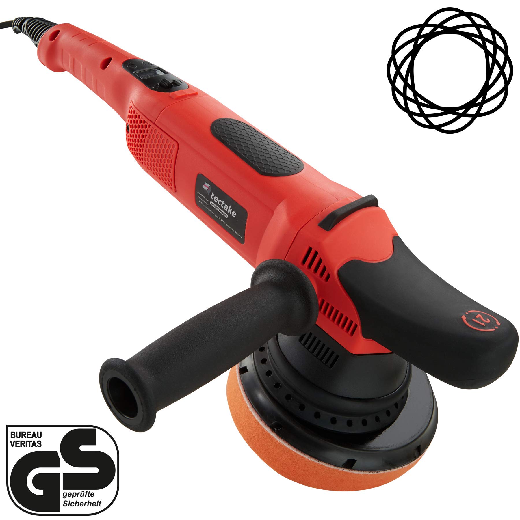 tectake® Pulidora Excéntrica Orbital Coche 810W Digital, Con Mango Curvo y Recto Adicional, Esponja de Pulido, 2 Carbones de Repuesto, Abrillantado, Pulimento Coche - Regulación Velodidad Manual