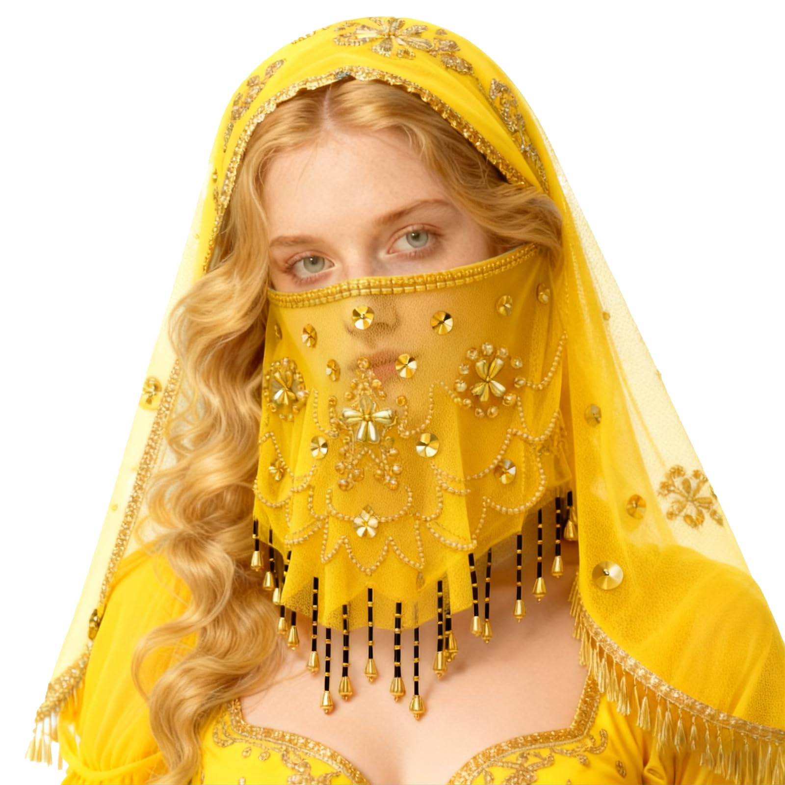 Baisdan Belly Dance Face Veil with Beads Sequins Cosplay Halloween Carnival Costume Accessory, Yellow - Image 4