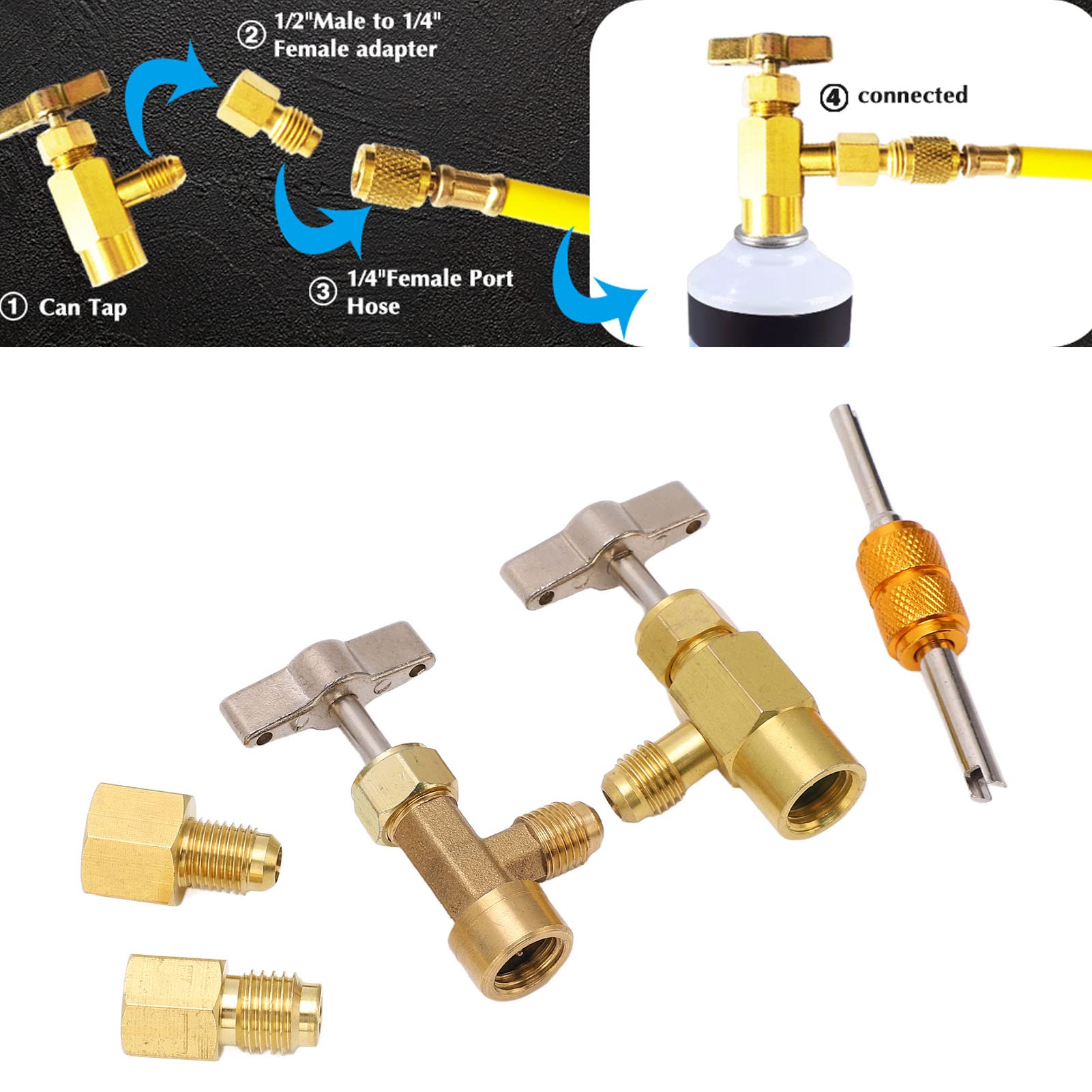 Adapter R1234Yf, Samouszczelniający Zawór Spustowy R134A Dozownik Czynnika Chłodniczego R1234Yf z Adapterem Zbiornika Mosiężny Zawór Dozujący z Przebiciem i Adapterami Zbiornika