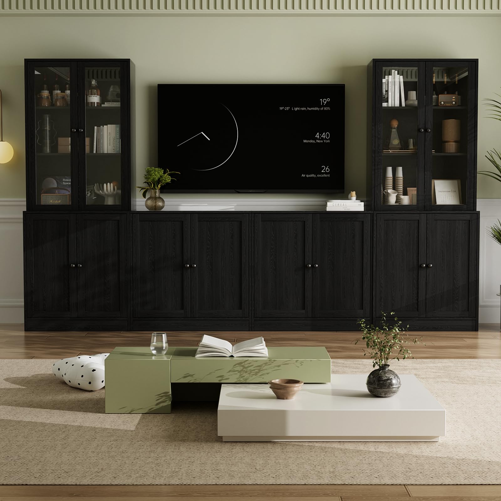VOWNER Grand Meuble TV Bibliothèque pour Télé jusqu'à 70", 280x180.3x40cm Meuble TV Suspendu avec Portes en Verre et Étagères, Meuble Télé Bois pour Salon, 2B+2E (Noir)