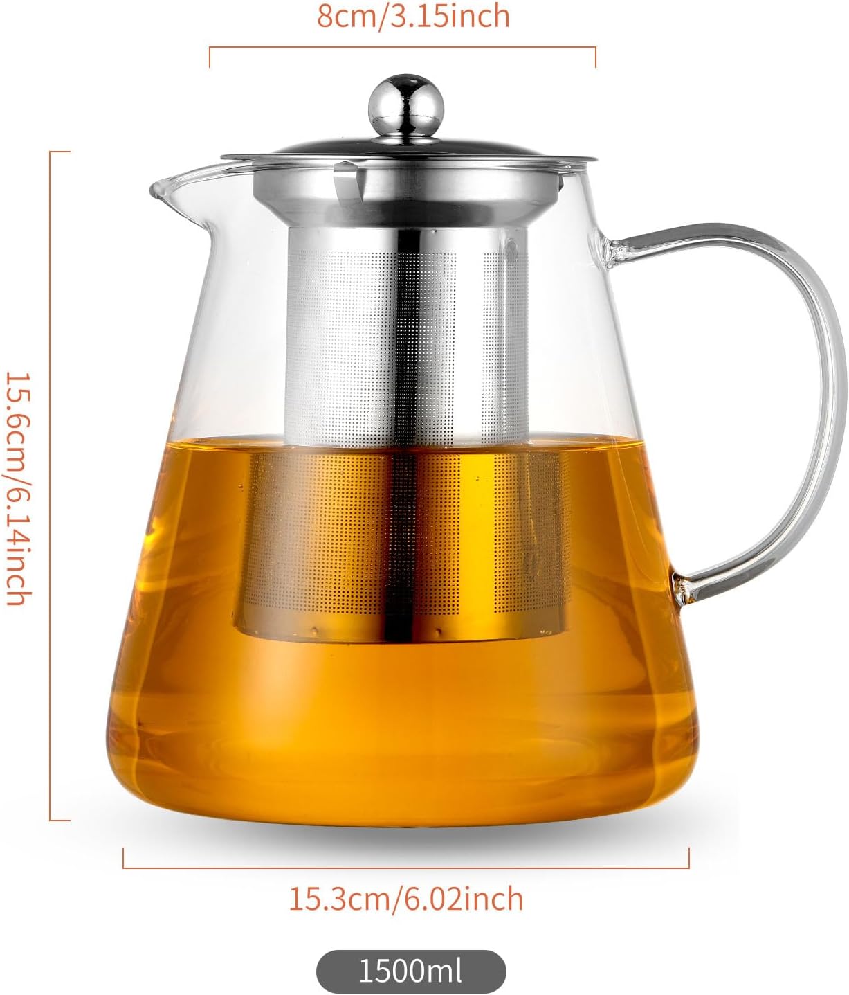 Glass Teapot Tea Kettle -with Stainless Steel Removable Infuser Strainer for Blooming Tea & Loose Leaf Tea, Microwave & Stovetop Safe, Clear Color Party Tea Pot Tea Marker (50.73oz/1500ml)