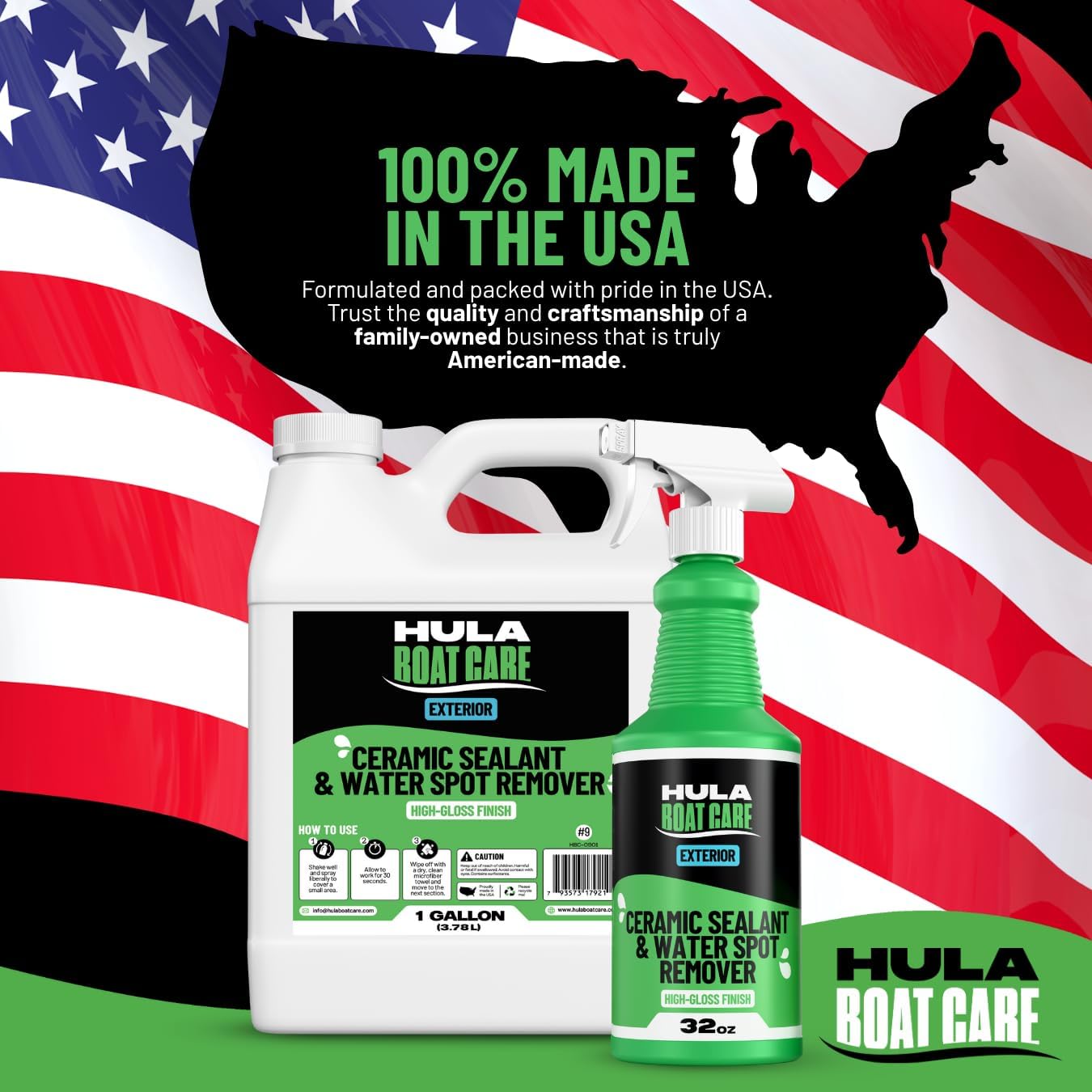 Hula Water Spot Remover Eco Bundle – 32oz Spray Bottle and 1 Gallon Refill | Exterior Boat Cleaner Spray with Ceramic Coating for Added Protection | High-Gloss Finish | Made in USA (32 oz)
