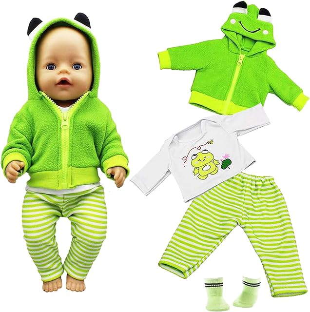 Xerteam Doll Clothes for 18 Inch Baby Dolls, Sweet Outfits Jumpsuit Top Hat and Socks for 45 cm New Born Baby Dolls Girls Birthday (Frog)(No Doll)