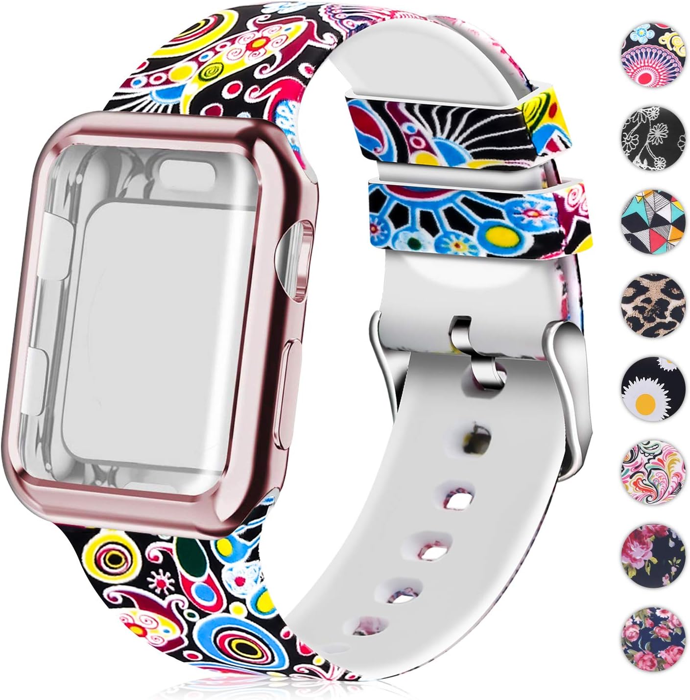 Compatible for Apple Watch Band 40mm Women with Screen Protector Case, Soft Silicone Sport Wristband for Apple Watch iwatch Series 6 5 4 SE (40mm,Folk Custom)