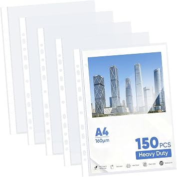 Agoer 150 Pcs Heavy Duty A4 Plastic Punched Pockets,160 Micron Poly Pocket