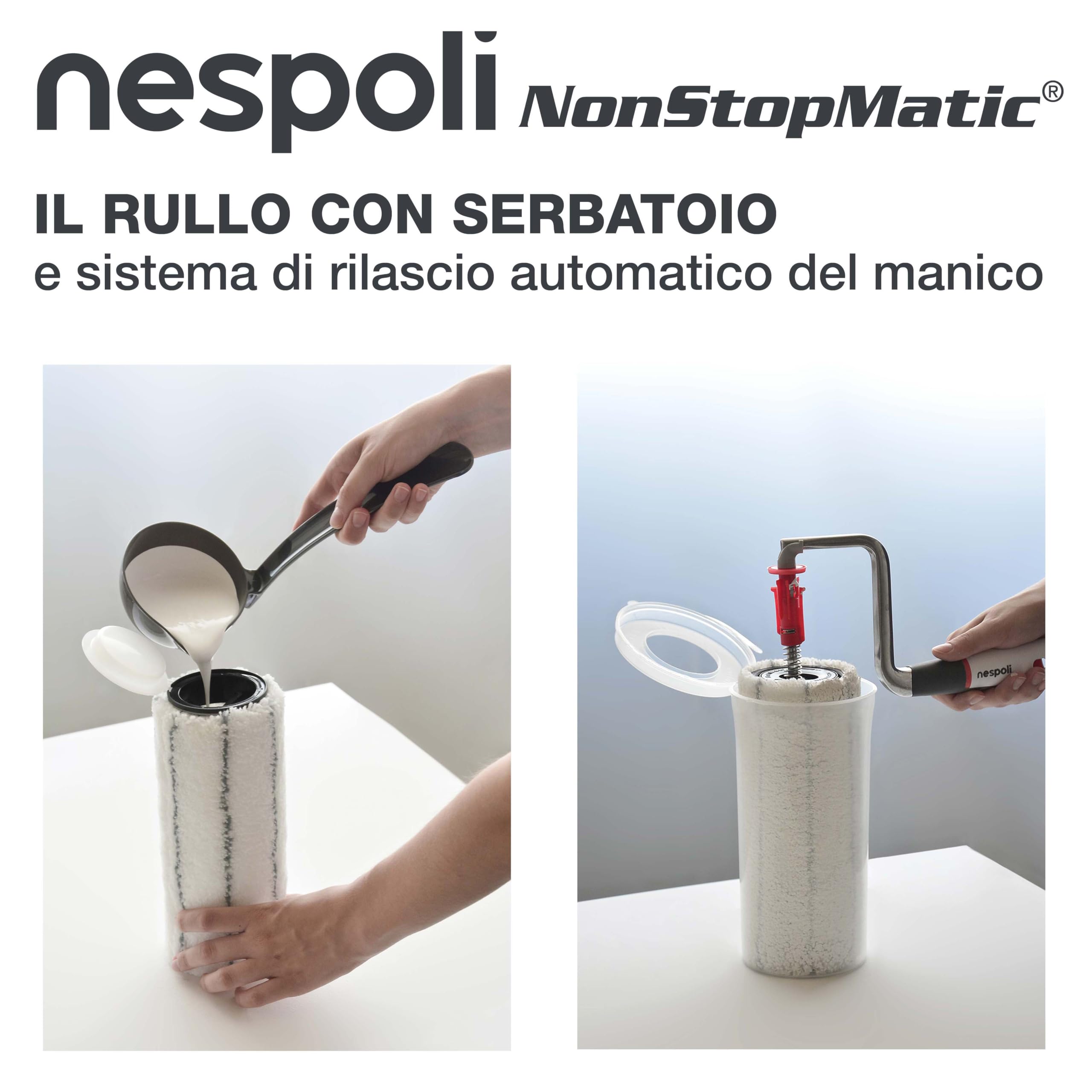 Nespoli - Rullo per Pittura NonStopMatic 21cm con Serbatoio e Meccanismo Automatico RollMatic, Rullo con Serbatoio per Imbiancare Capacità 0.6 L, Sistema FreshBox per Conservazione e Viscosimetro