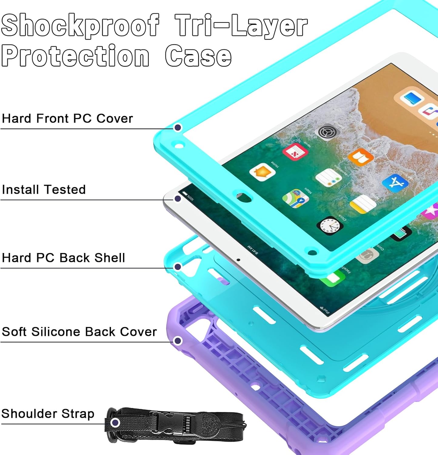 LTROP iPad 6th/5th Generation Case,iPad 9.7 Case,iPad Air 2 Case for Kids,Shockproof [Shoulder Strap][Pencil Holder][Swivel Stand] Cover Case for iPad 9.7 Inch 2018/2017, Teal/Purple