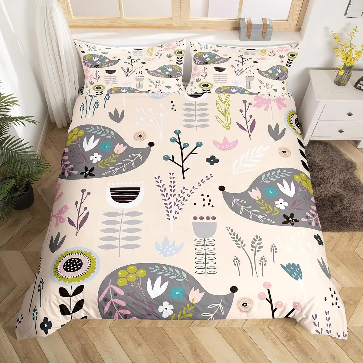 NDXRWDZR King Size Duvet Set Hedgehog Duvet Cover with Zipper Closure Bedding Set for Aldults Kids Soft Hypoallergenic Microfiber Quilt Cover 230x220 cm + 2 Pillowcases 50x75 cm