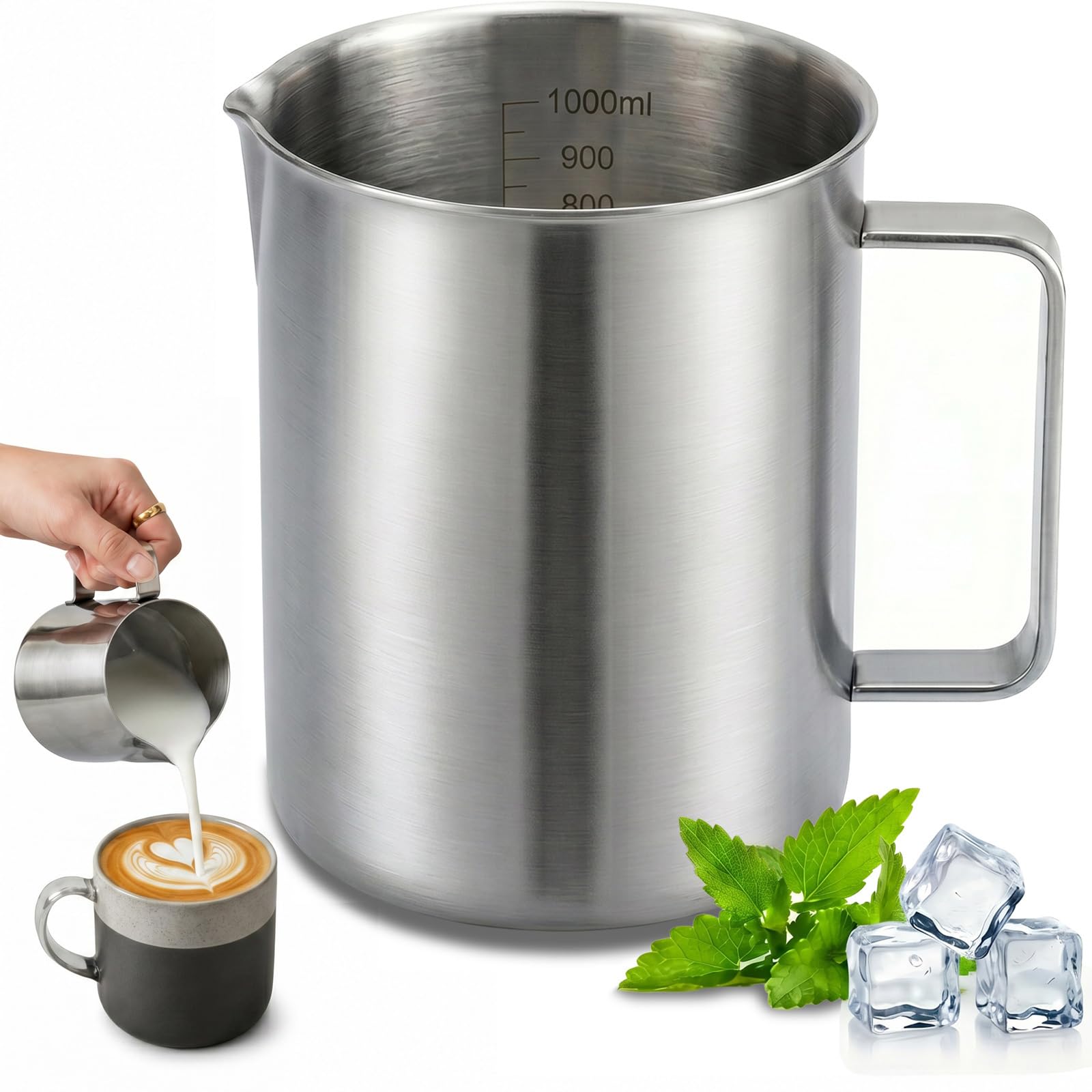 Stainless Steel Measuring Jug 1000ml, 1ltr/35fl.oz Milk Frother Jug with Measurement Measuring Jug with Handle for Wax Melting Latte Art Coffee Milk