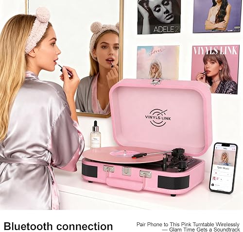 Miniatura 4 de Tocadiscos de vinilo Bluetooth con altavoces integrados, tocadiscos portátil para discos de vinilo, tocadiscos rosa vintage de 3 velocidades con