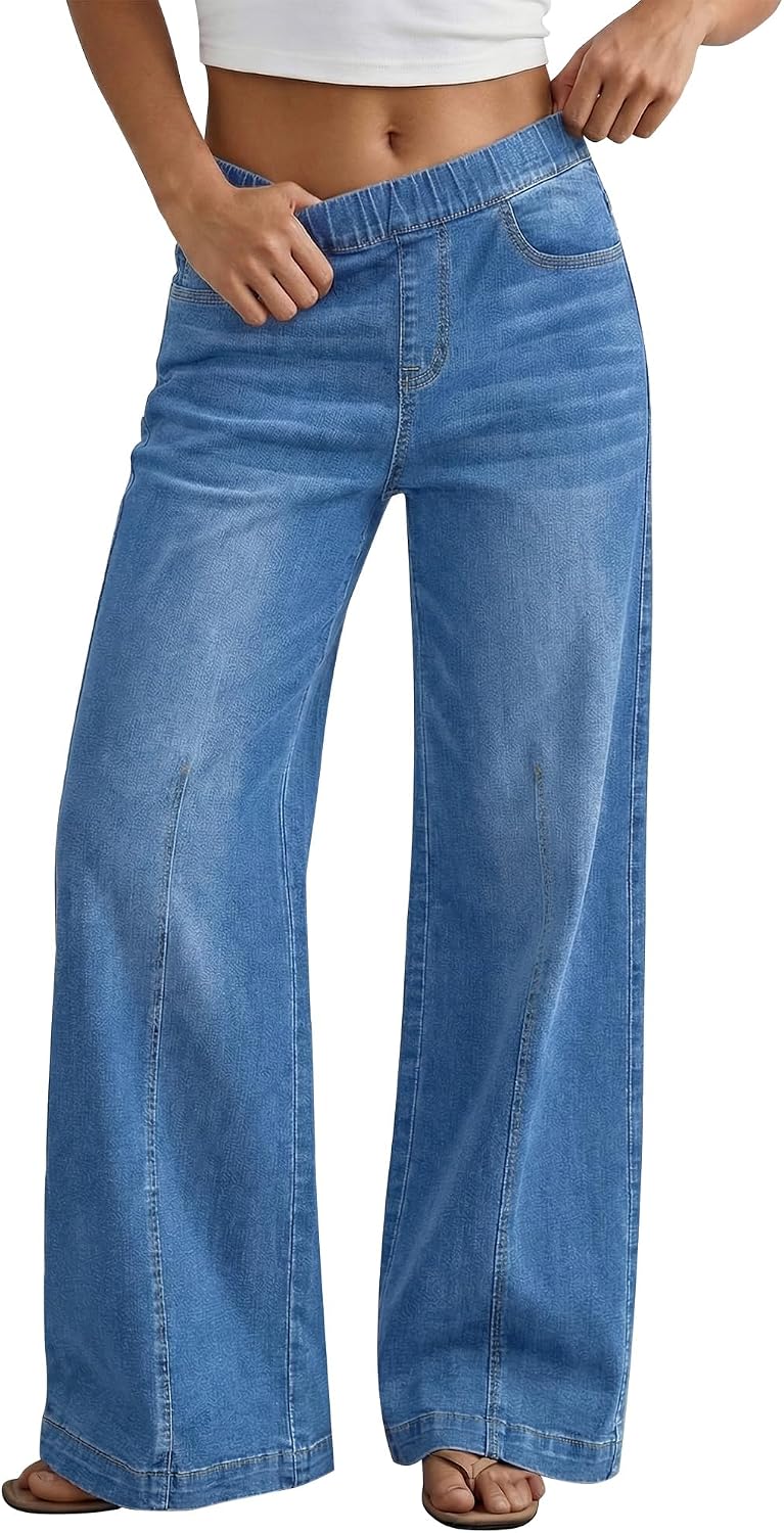 GRAPENT Womens Wide Leg Jeans High Rise Pull On Elastic Waist Denim Pants