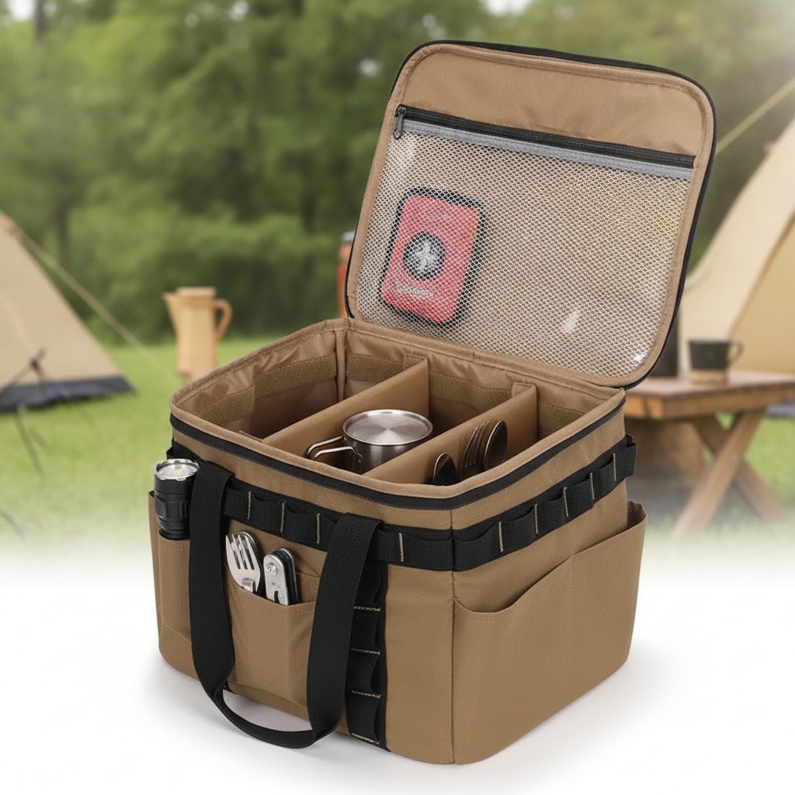 Outdoor Folding Light Borsa da Campeggio Organizer Contenitore Custodia con Scomparti in Poliestere Imbottito Portatile con Manici Adatto a Campeggio Viaggio Auto Picnic, Nero