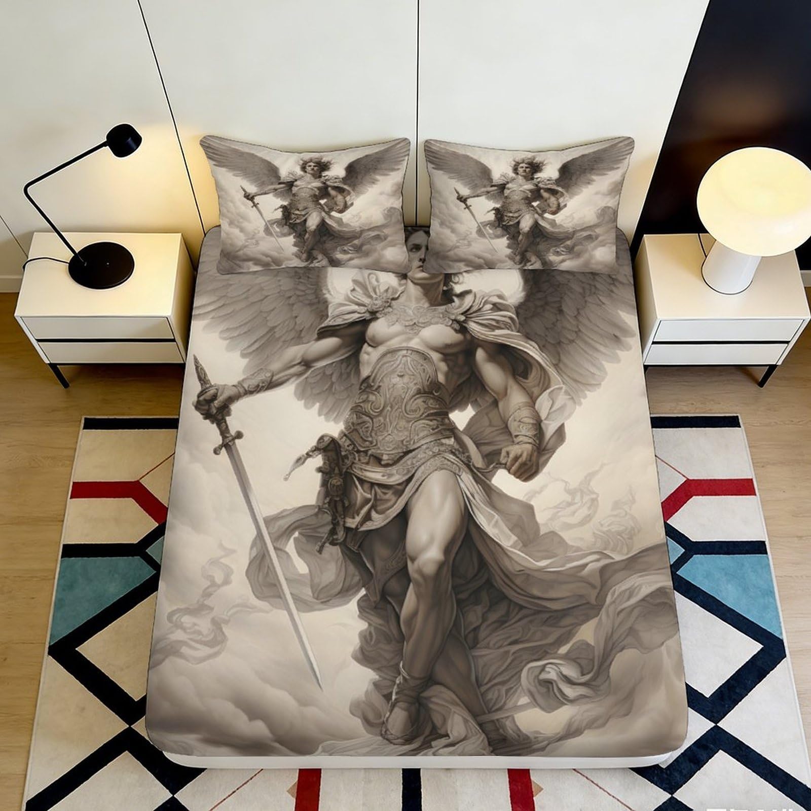 3D Printed Archangel Warrior Fitted Sheet Microfiber Soft Breathable Angelic Sword Mattress Cover Bedroom Decor 90x200x25cm