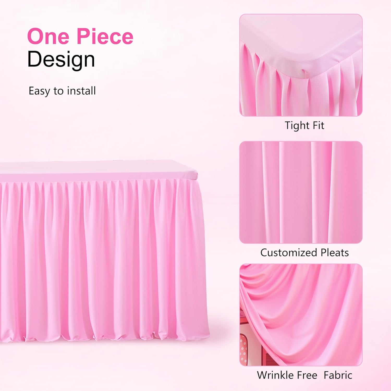 Pink Table Clothes for Rectangle Tables 6ft, Wrinkle Resistant Fitted Table Cloth with Pleated Ruffle Skirts for Banquet Wedding Baby Shower Folding Tables