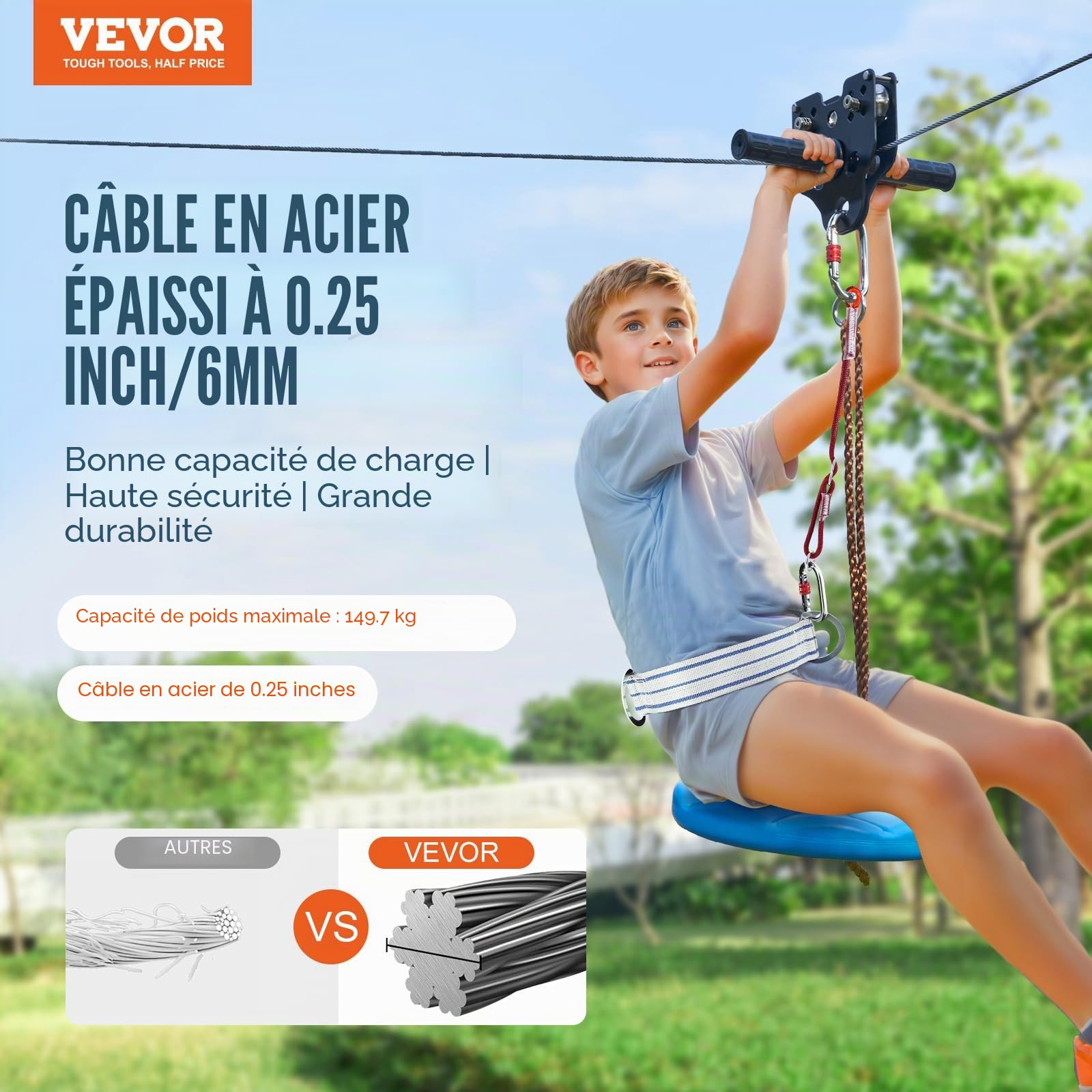 VEVOR Tyrolienne 48,8 m Kit de Tyrolienne Complet Charge 150 kg Configuration Facile avec Frein à Ressort Ceinture et Harnais de Sécurité pour Jardin Arrière-Cour (Ados Uniquement, Pas pour Adultes)