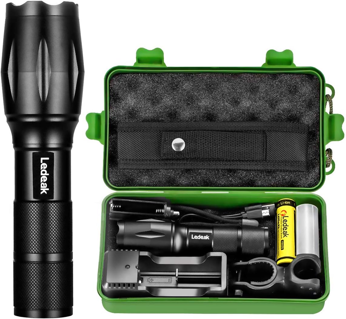Led Super Bright Flashlight, Ledeak 1200 High Lumens CREE XML-L2 Powerful Torch, 5 Modes Zoomable Waterproof Flashlight with USB Charger, Rechargeable Battery, Bicycle Mount, Flashlight Holster