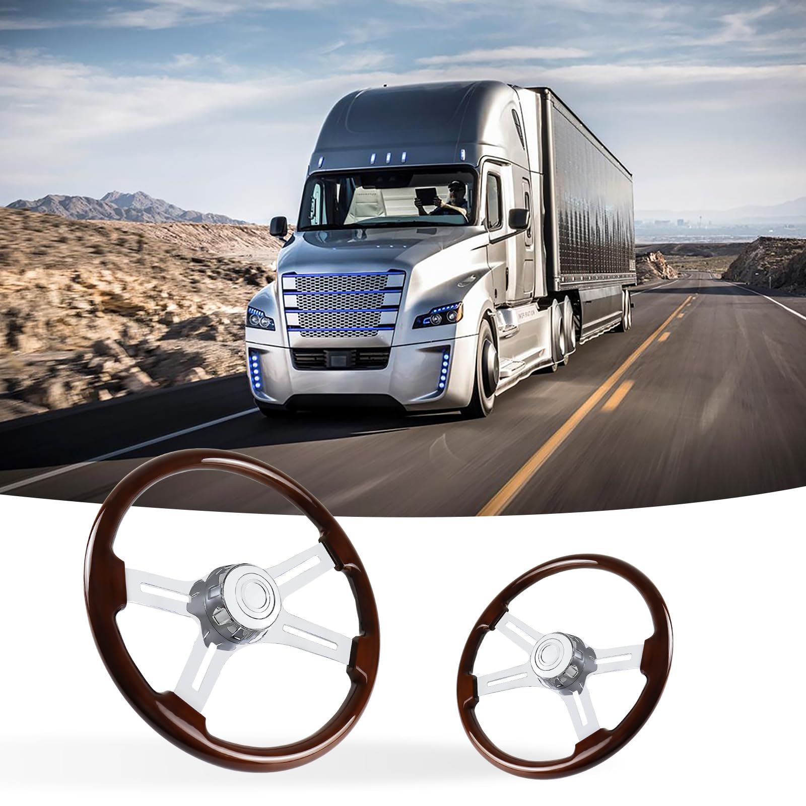 18in Wood Truck Steering Wheel, 4 Spoke Aluminum Chrome Plated Steering Wheel for Semi-Trailers, Trucks
