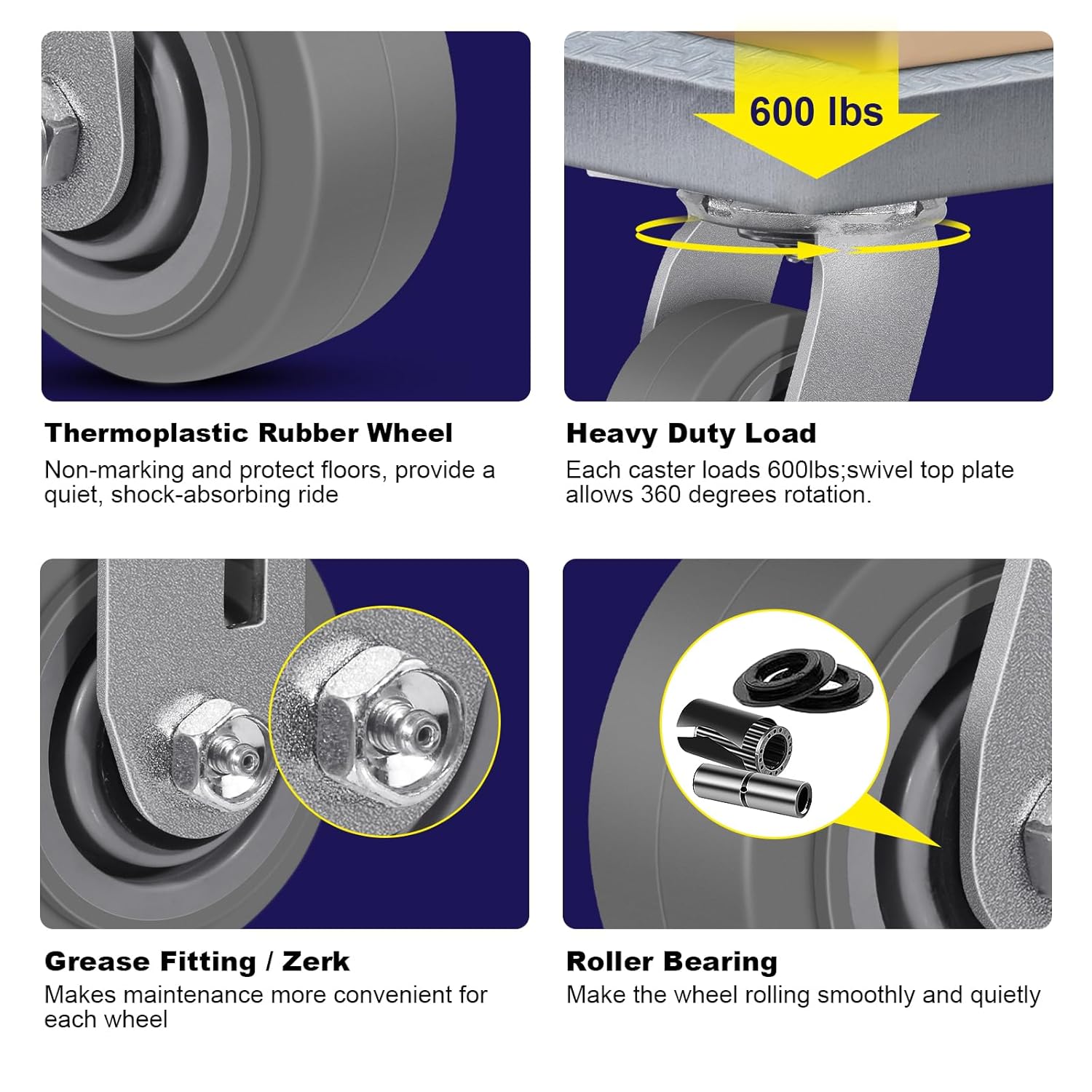 Caster Wheels, 4" Heavy Duty Industrial Casters Set of 4 with Load 2400lbs Capacity, Wheels for Furniture Toolbox, 4 inch Caster Set