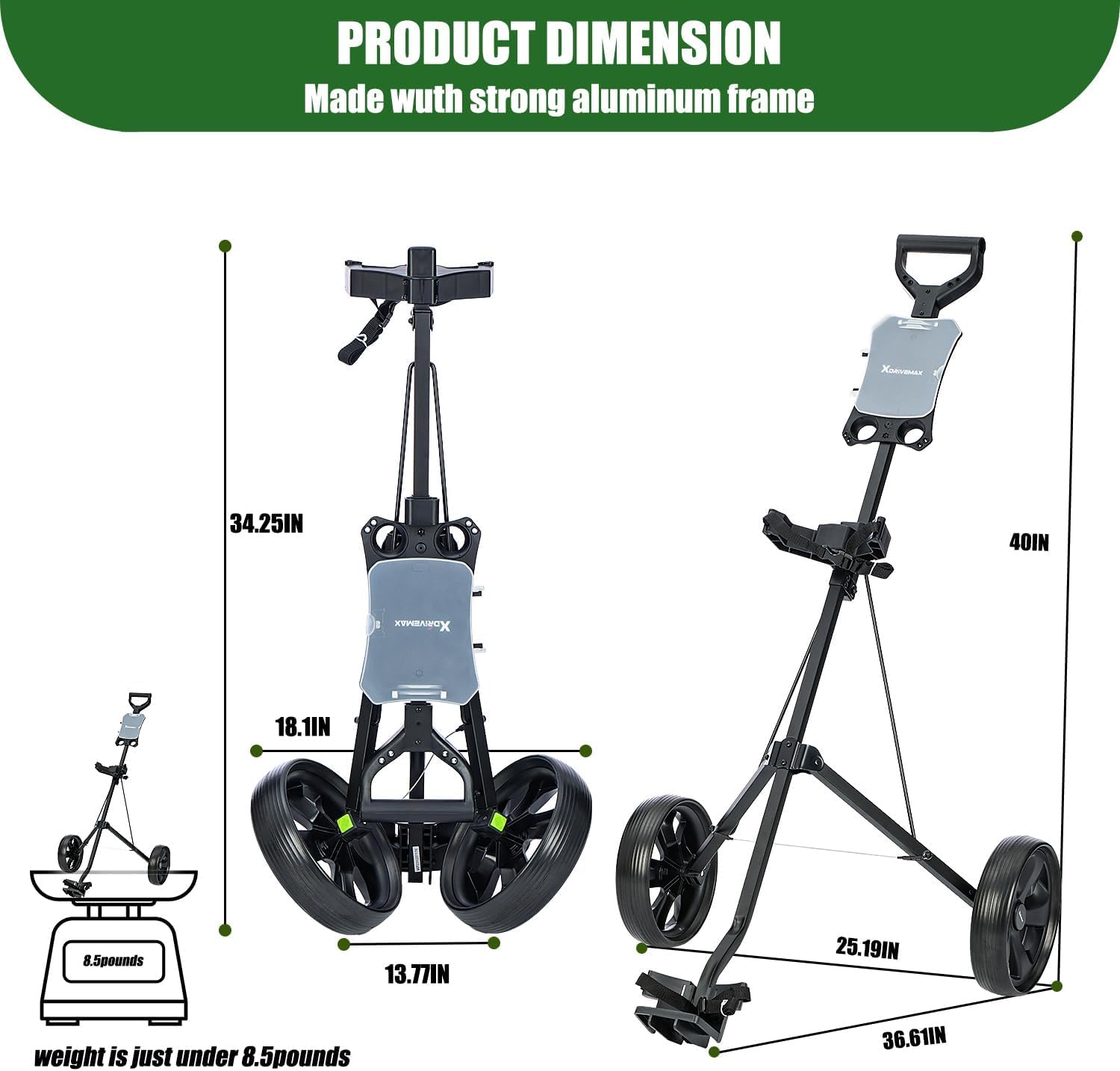 XDriveMax GC01 - Carrito de Golf de 2 Ruedas, Carrito de Golf Plegable para Palos de Golf, Carrito de Golf Ligero y Plegable
