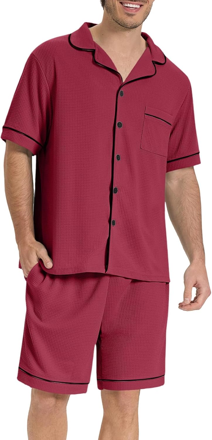 SIORO Mens Pajamas Set Short Sleeve Sleepwear Button Down Pjs Set Waffle Knit Loungewear Nightwear Shorts Set with Pockets - Image 4