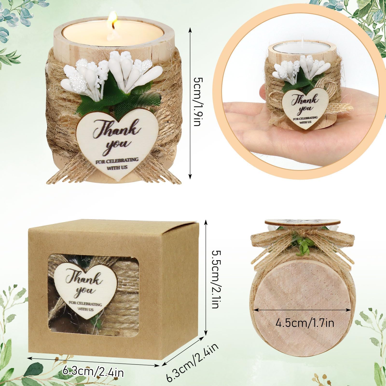 16 Sets Cadeau Invité Baptême et Mariage, Bougeoir en Bois avec Fleurs Artificielles et Boîte Cadeau, Photophore en Bois Décoratif pour Centre de Table, Communion, Anniversaire, Gender Reveal