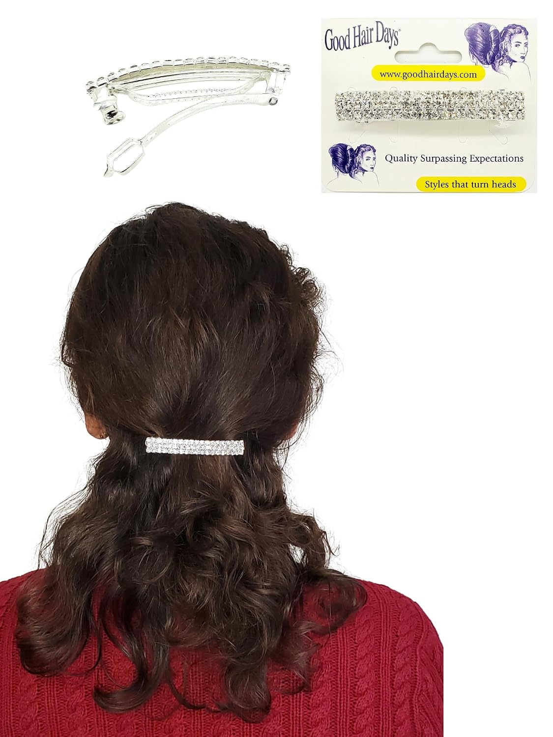 Good Hair Days 3" 3-Row Crystal Rhinestone Hair Barrette – Silver-Plated French Barrette for All Hair Types – Sparkly Hair Accessory for Women, Weddings, Bridal, Prom, Gifts, Parties