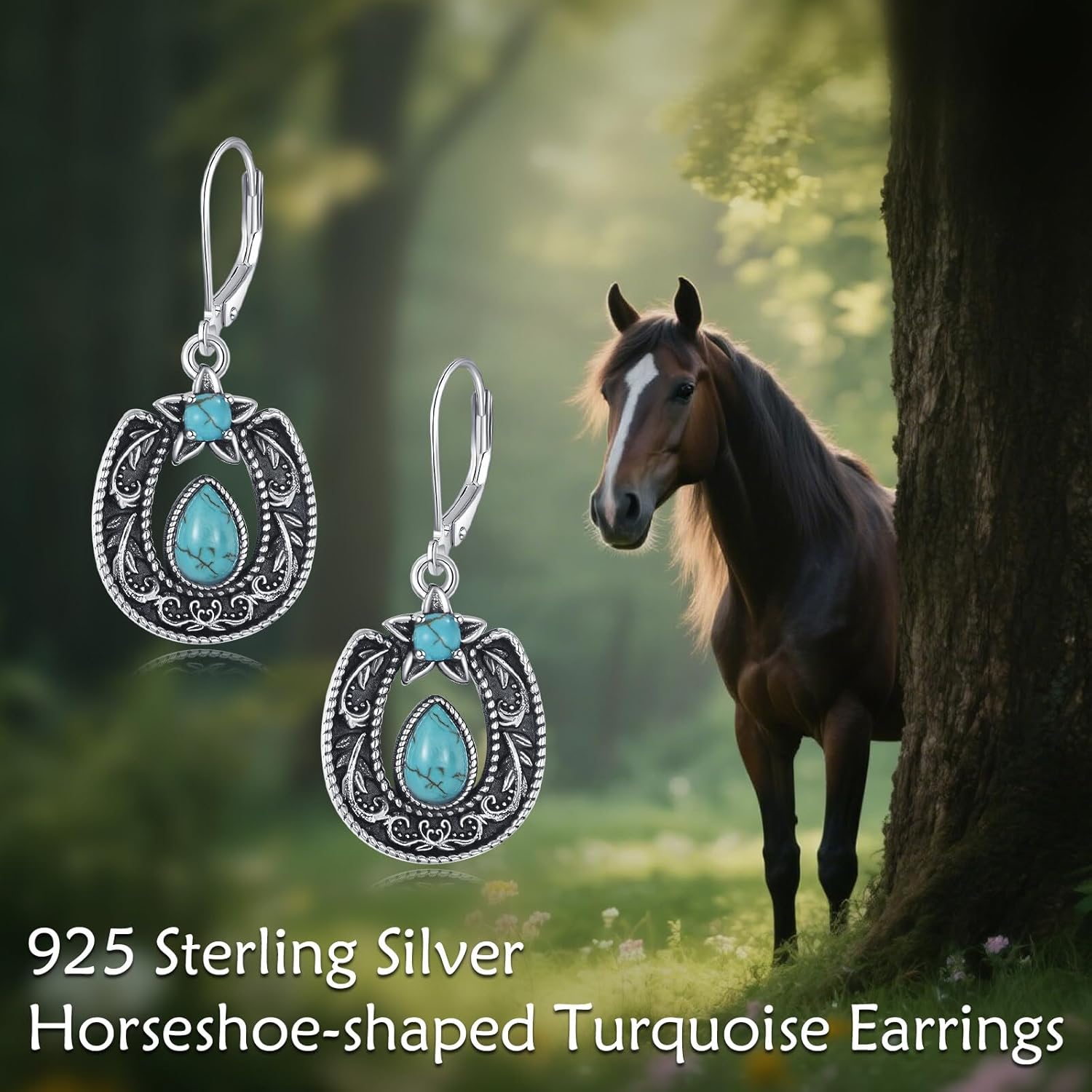 Western Horseshoe with Turquoise Dangle Earrings 925 Sterling Silver Retro Pear Cut Natural Green Turquoise Horseshoe Earrings for Women - Image 6