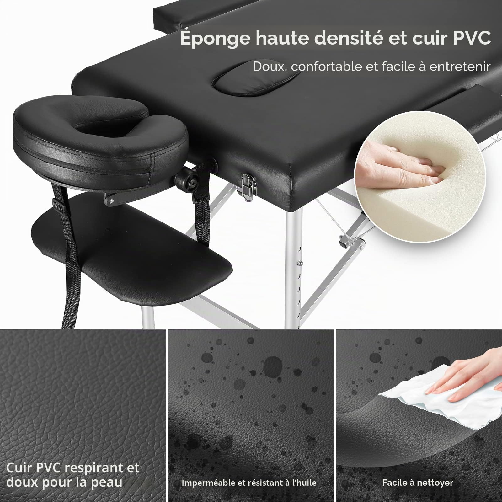 Table de Massage Pliante Professionnelle - Lit de Massage Portable à 3 Sections avec Pieds en Aluminium, Accessoires Amovibles et Sac de Transport - pour Spa, Salon, Tatouage, Cils - 208 cm, Noir