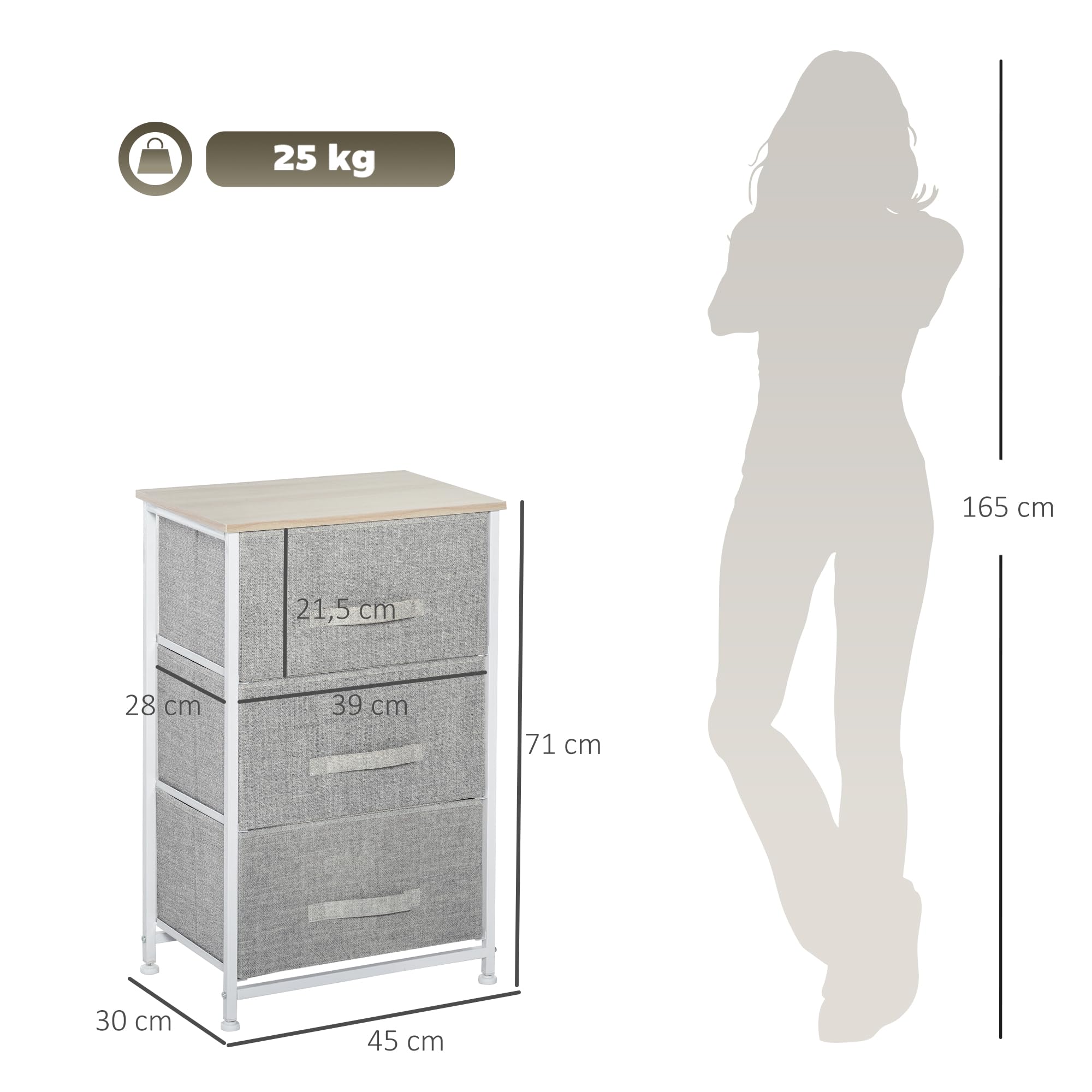 HOMCOM Cómoda con 3 Cajones de Tela, Cómoda para Dormitorio, Marco de Acero, Cajonera para Salón, Oficina, Vestidor, Gris