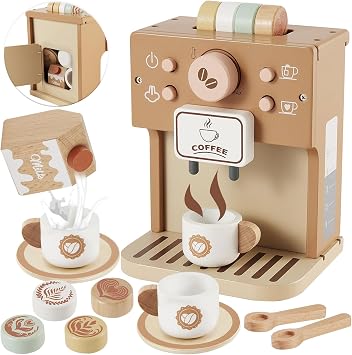 BUYGER Toy Wooden Coffee Machine for Kid, Role Play Toy Kitchen Accessories | Wooden Kitchen Accessories Toys for 2 3 4+ Year Olds Girls, Wooden Pretend Play Food Set, Gifts for Baby Toddlers Boys Girls
