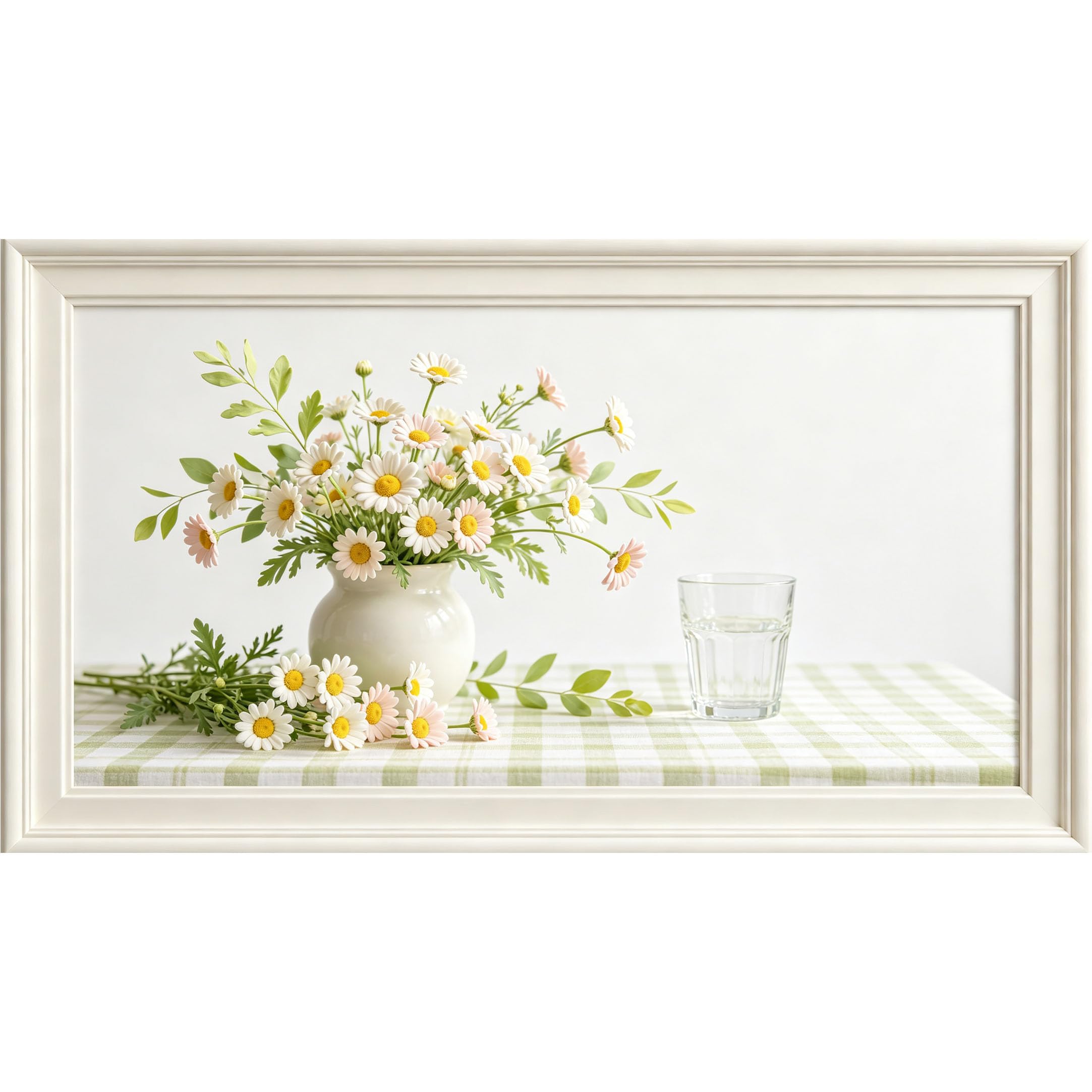QZLITHOTIC 50x90cm3D Framed Wall Art， Botanical Daisy Bouquet Still Life Self‑Adhesive Mural， Water‑Activated Peel & Stick Fabric Decor Wall Decal for Bedroom Living Room