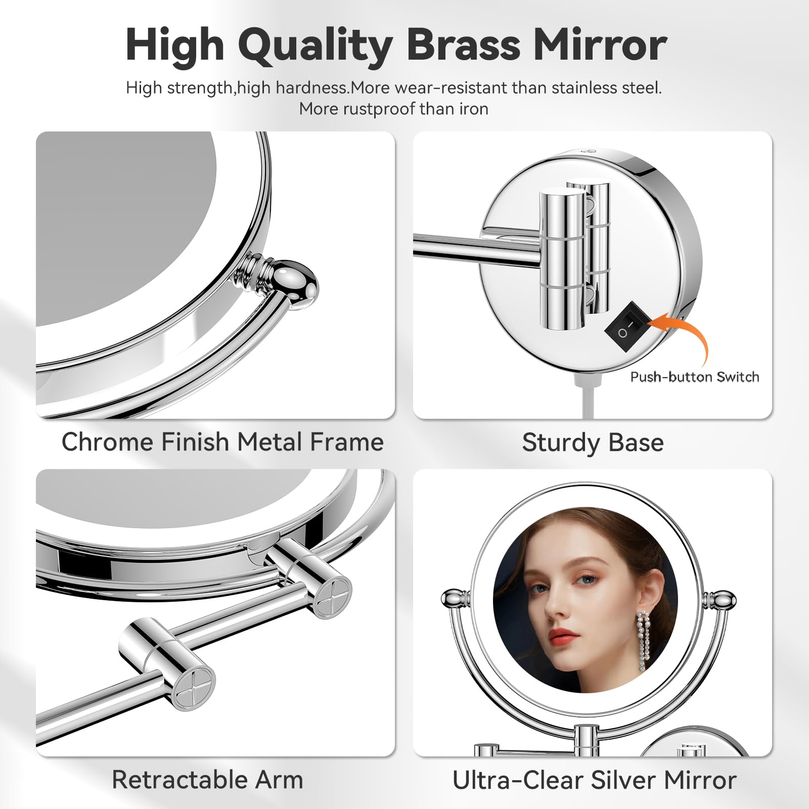 Nicesail Espejo Maquillaje con Luz y Aumento 5X Plata - Montaje Pared - con Enchufe - Doble Cara - Espejo Extensible para Afeitado o Maquillaje Preciso,Diámetro 20 cm
