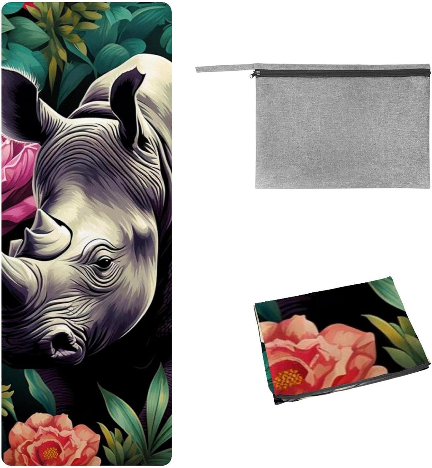 Yoga Towel, Rhino Animal Print Non Slip Sweat Absorbent Hot Yoga Mat Towel for Hot Yoga, Pilates and Fitness - 72.8" x 26.8"