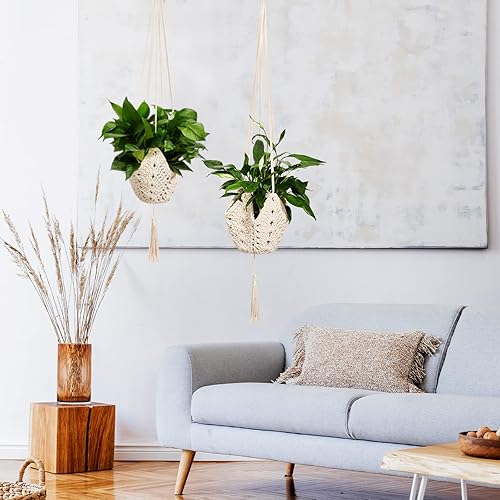 Miniatura 6 de Paquete de 2 colgadores largos de yute para macetas de 3 a 12 pulgadas, soporte para plantas de macramé, colgador de plantas bohemio con 2 ganchos