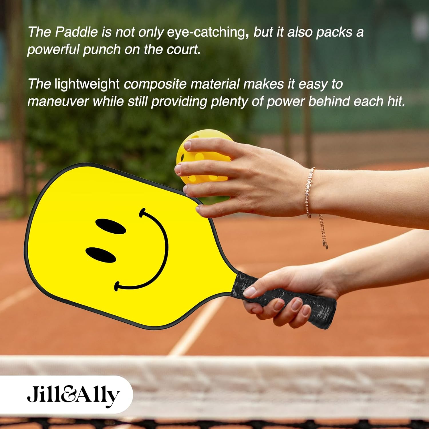 Jill & Ally Smiley Face Pickleball Paddle, Carbon Fiber Materials, 16.5” x 7.5", Extra Long Handle, Vegan Leather PU Grip, Unique Edge Guard All Skill Levels