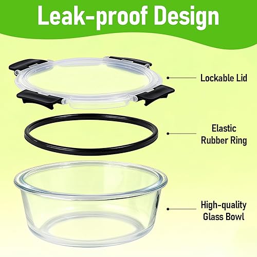 Miniatura 4 de Paquete de 8 recipientes de vidrio para preparación de comidas, recipientes redondos de almacenamiento de alimentos de 32 onzas con tapas, cuencos