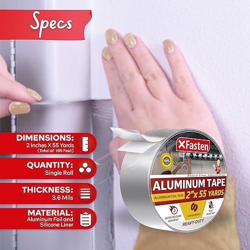 Miniatura 3 de XFasten cinta de papel aluminio, 3.6 mil, 2 pulgadas x 55 yardas, cinta HVAC