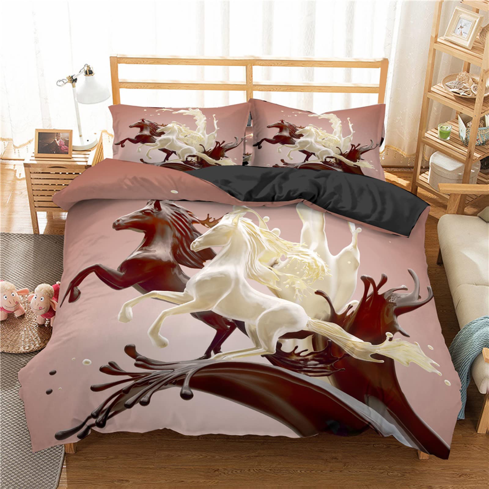 Housse de couette 160x200 cm rose zippée facile à enfiler avec taies