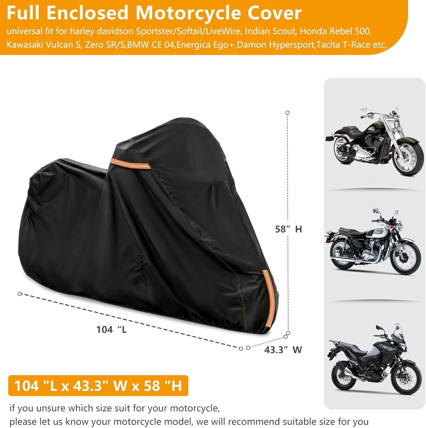 Full Enclosed Motorcycle Cover with Reflective Strips,Waterproof Outdoor Motorcycle Cover,Outdoor/Indoor Motorcycle Storage Cover Fits Heavy Duty Scooter/Moped/Dirtbike Motorcycles.104"W x 43"D x 59"H