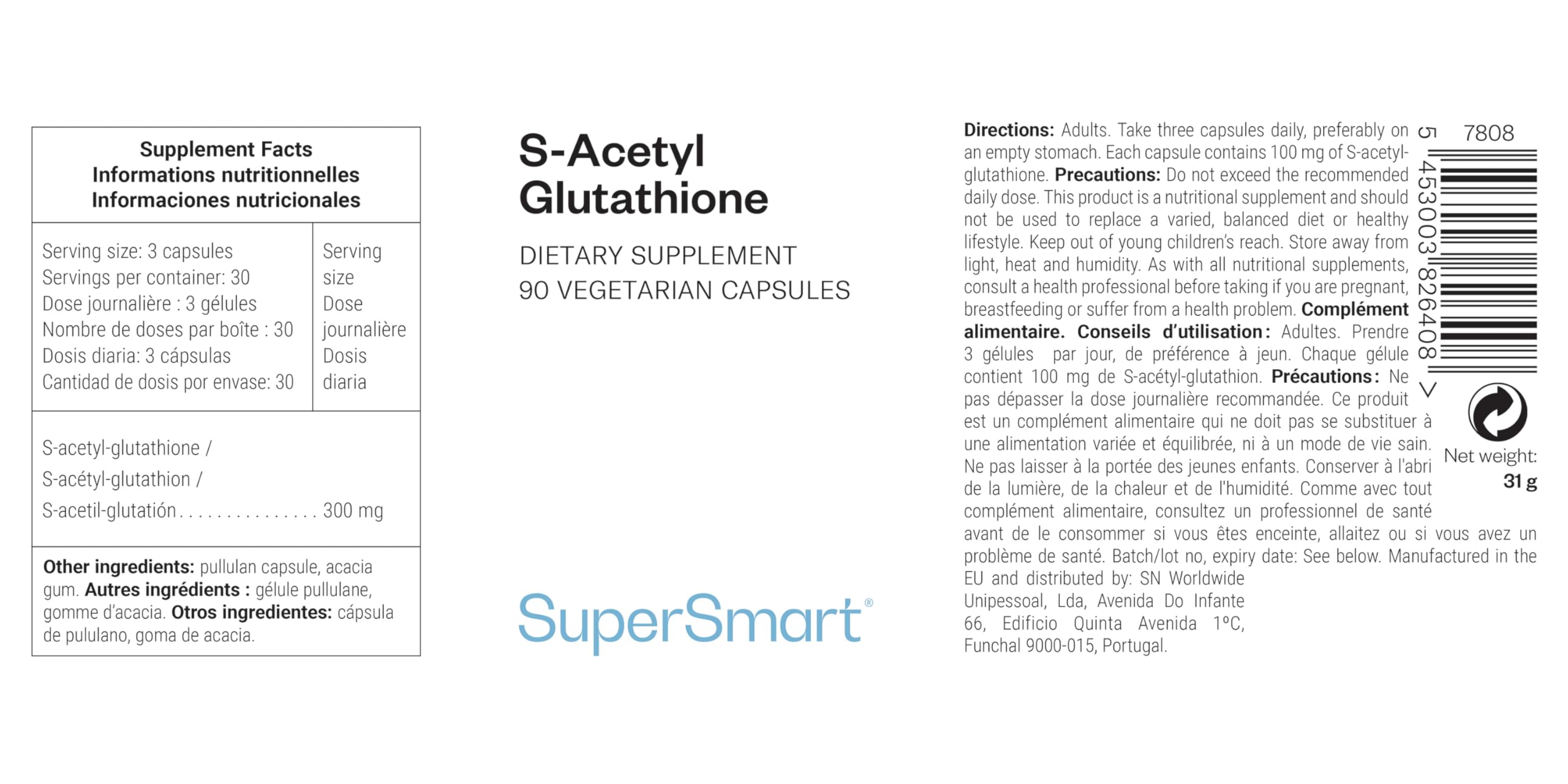 S-Acetyl Glutathione (GSH) - Formule Innovante - Vegan - SuperSmart | Contribue à Lutter contre le Stress Oxydatif - Plus Assimilable et Actif que le Glutathion - Biodisponibilité Maximale