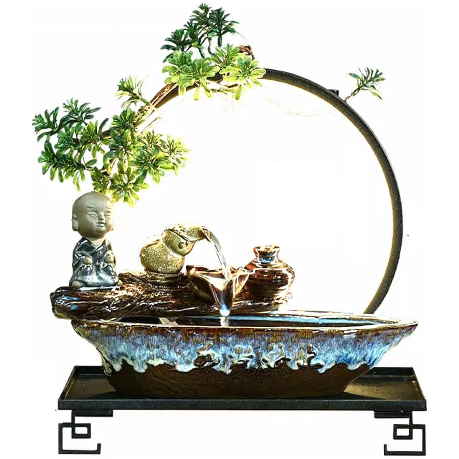 Tischbrunnen für drinnen, Wasserfall mit runder LED-Beleuchtung – Zen-Meditationsbrunnen mit Buddha-Motiv und künstlichen Pflanzen, Feng-Shui-Dekor für Glück und Wohlstand